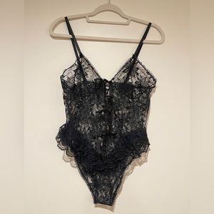 Vintage Gothic Black Sheer Alana Gale Lace Tie Front Teddi Med